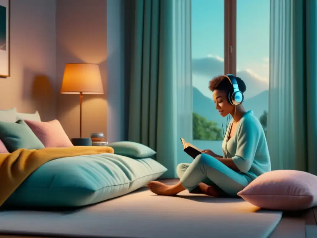 Dormitorio infantil sereno y minimalista en 8k Un dormitorio infantil sereno con música relajante para niños estresados, colores pastel y una acogedora zona de lectura