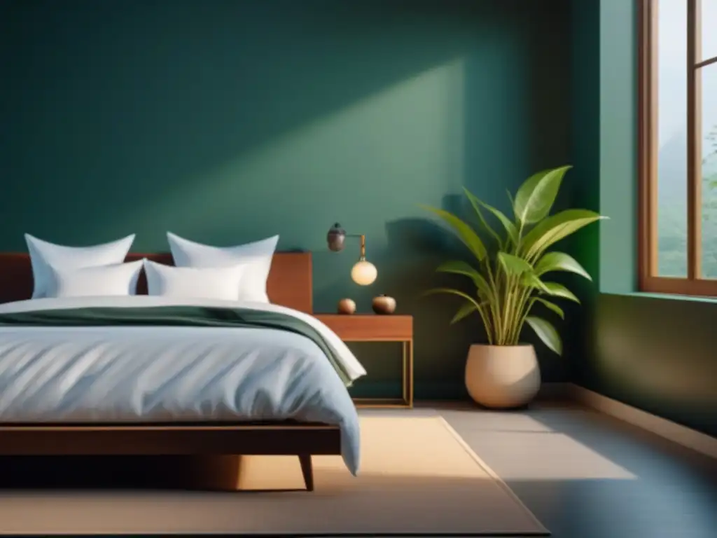 Dormitorio minimalista: serenidad y naturaleza Dormitorio minimalista con ambiente relajante, decorado en colores neutros con cama blanca y planta en mesita