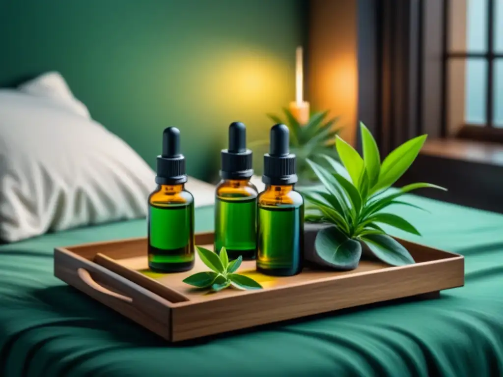 Tranquilo dormitorio minimalista con difusor y aceites esenciales Un dormitorio minimalista sereno con iluminación suave y aceites esenciales, creando ambientes relajantes con aceites esenciales
