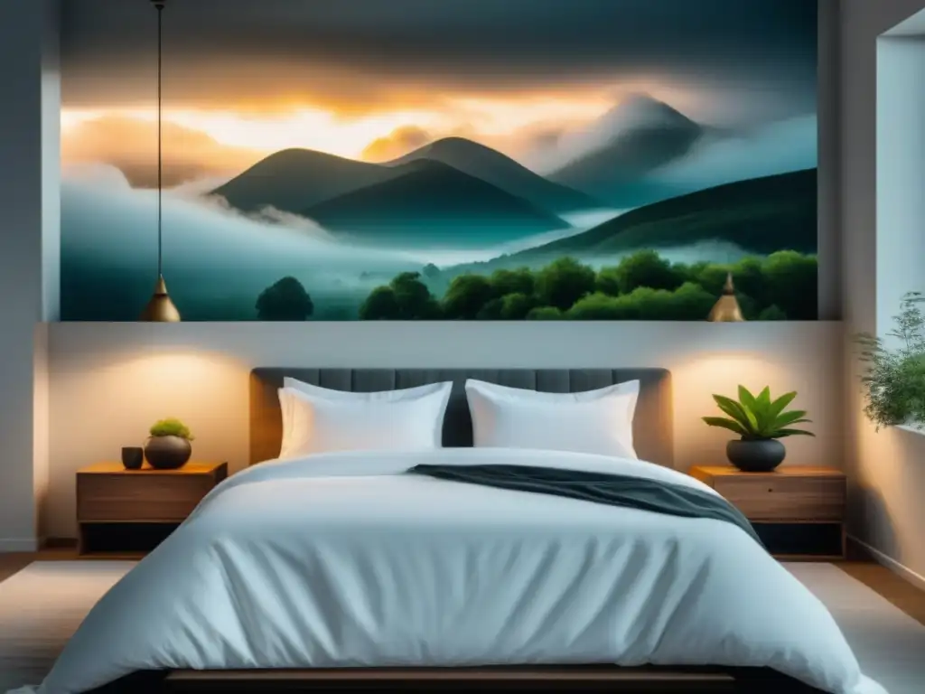 Un dormitorio minimalista sereno con iluminación natural, cama hecha, planta pequeña y arte de paisaje tranquilo