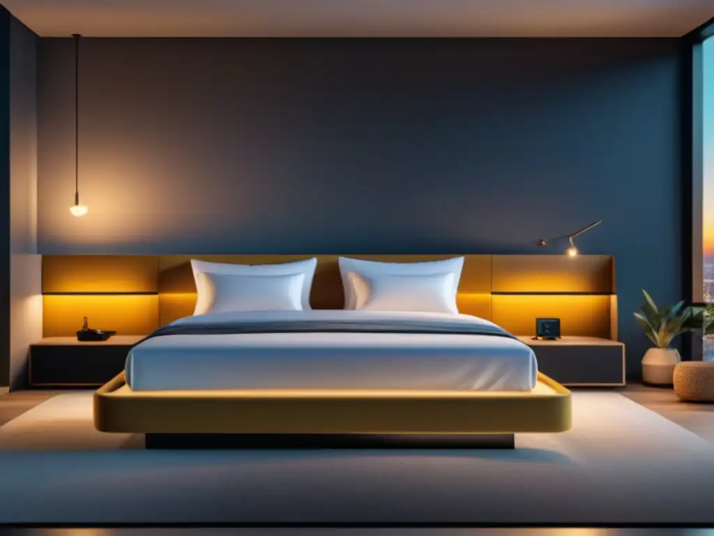 Smart Bed de lujo en dormitorio moderno Dormitorio moderno con cama inteligente, tecnología integrada y ambiente de lujo