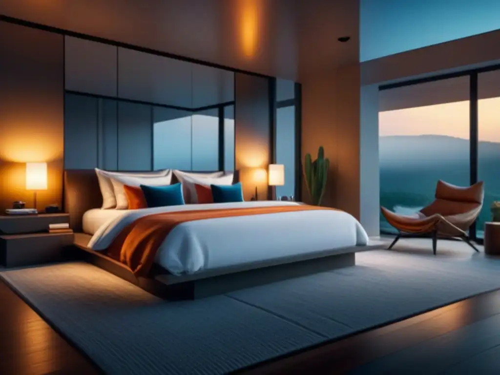 Reflejo de serenidad: habitación moderna con espejo en el techo Un dormitorio moderno con espejos en el techo para relax, decoración minimalista y tonos suaves que crean un ambiente sereno