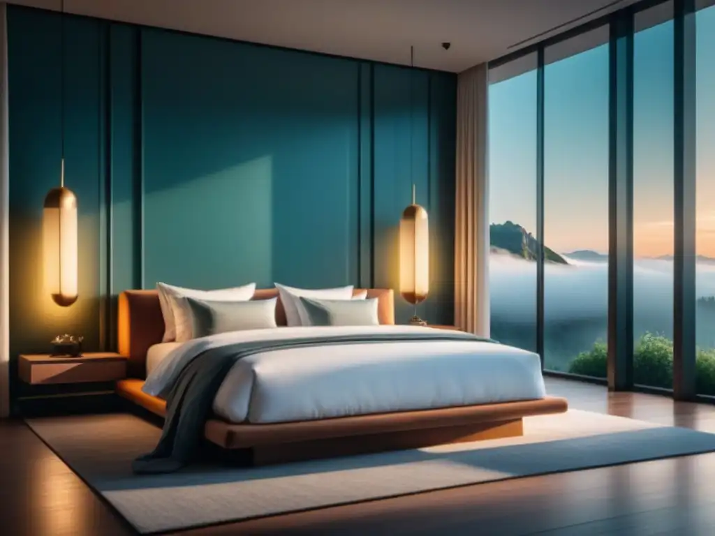 Reflejos de serenidad: moderno dormitorio con espejo elegante Un dormitorio moderno y sereno con un gran espejo que refleja la luz natural, creando un efecto psicológico de los espejos