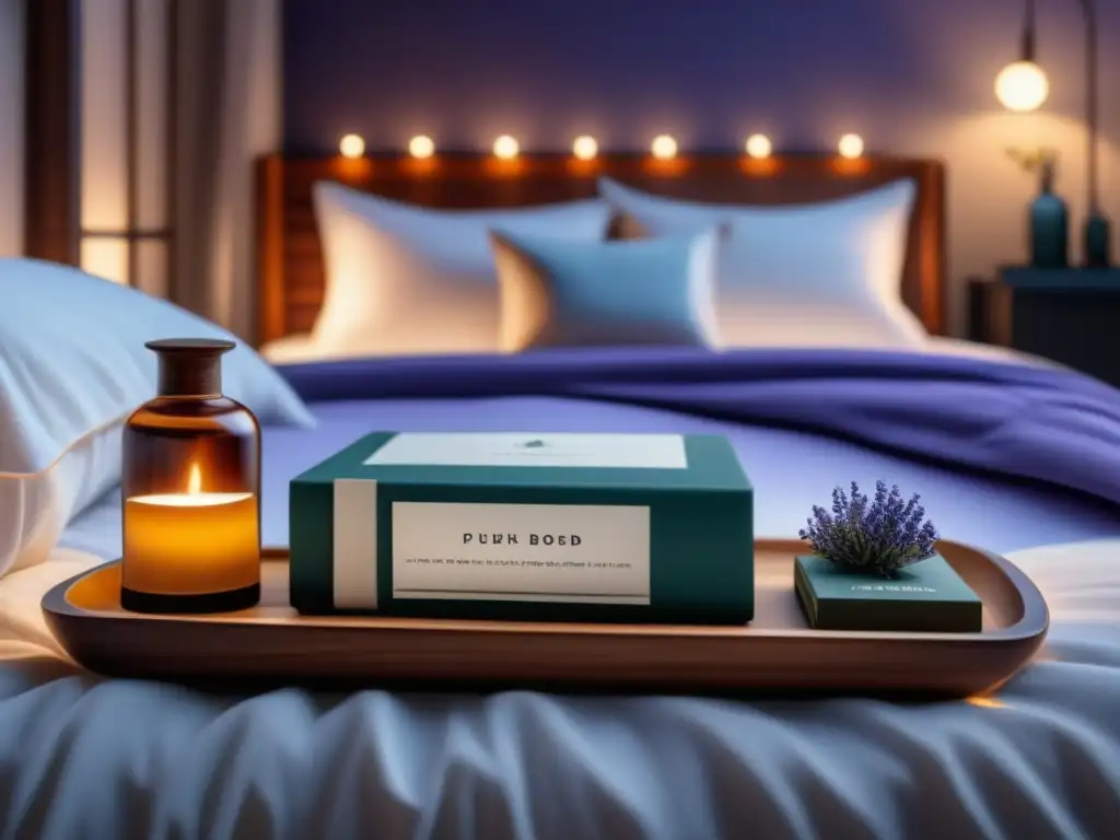 Refugio de serenidad: cama acogedora y esenciales relajantes Diseño de dormitorio relajante en casa con cama grande, difusores de aceites esenciales y luz ambiental cálida