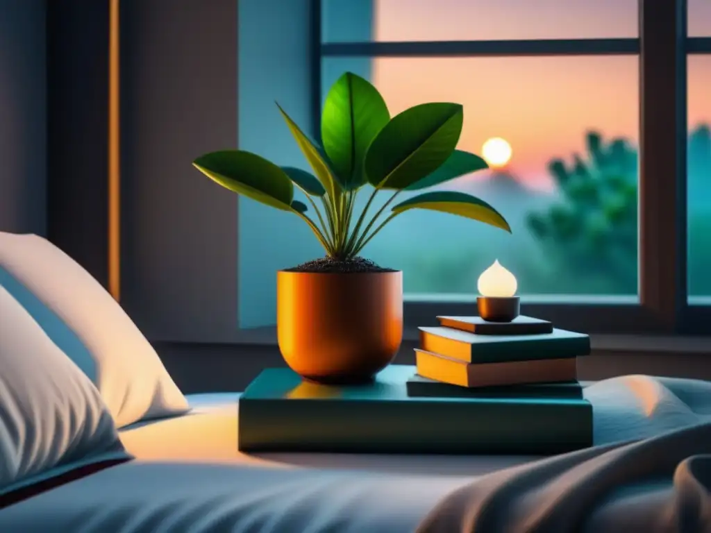 Escena serena de dormitorio con luz de luna Un dormitorio sereno con una acogedora cama, lámpara suave, libros y planta, bajo la luz de la luna