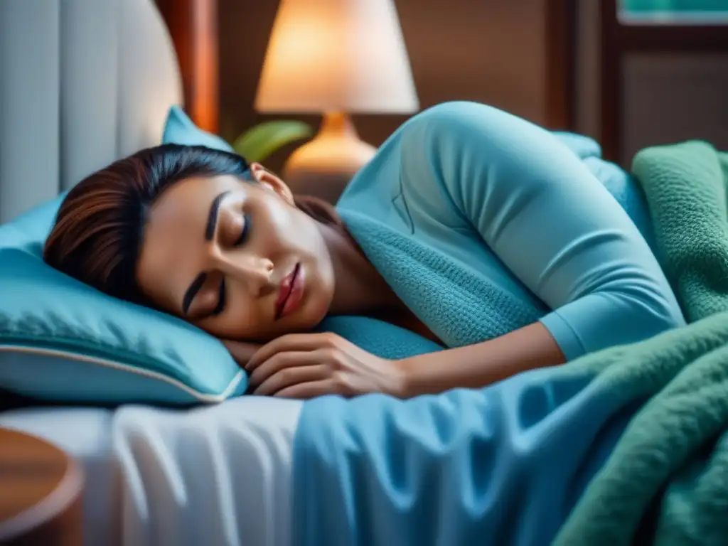 Un dormitorio sereno con iluminación ambiental, cama acogedora y decoración calmante