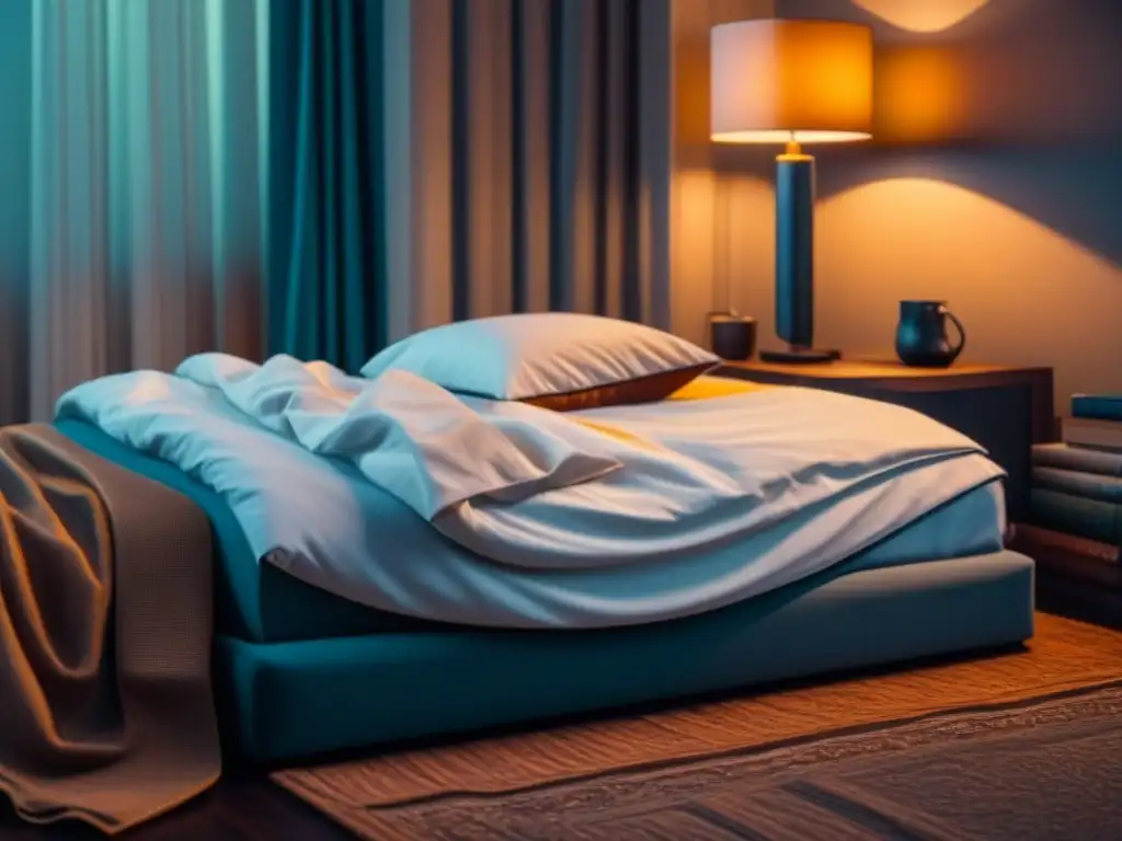 Escena de dormitorio sereno y minimalista para una relajación plena Un dormitorio sereno con cama acogedora, arte en las paredes y luz suave, ideal para la rutina del sueño para ansiedad