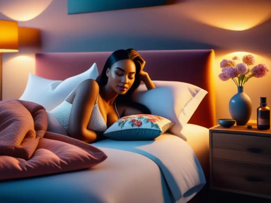 Cojín de aromaterapia elegante en dormitorio sereno Un dormitorio sereno con una cama acogedora y almohada de aromaterapia minimalista