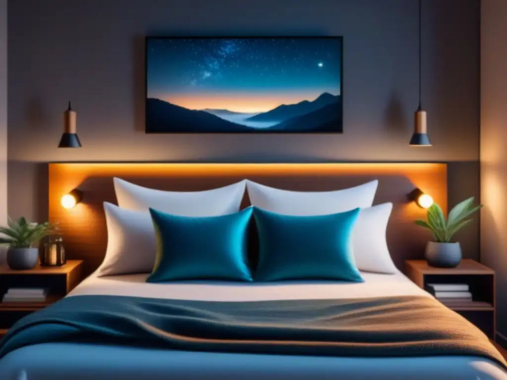 Dormitorio minimalista sereno con iluminación cálida y acogedora Dormitorio sereno con iluminación cálida, cama acogedora, lámpara inteligente y ventana estrellada