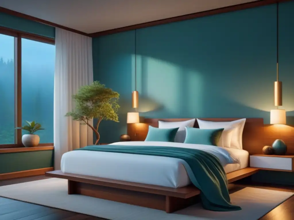 Serena habitación Feng Shui con cama grande y suave bajo ventana Un dormitorio sereno con cama grande y ventana con cortinas blancas ondeando