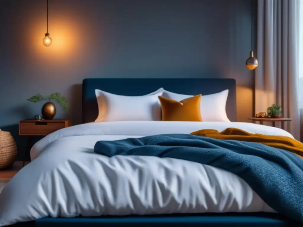 Refugio de paz: cama impecable y acogedora en tonos suaves Un dormitorio sereno con cama perfectamente hecha, sábanas blancas y cojines en tonos suaves para transmitir tranquilidad