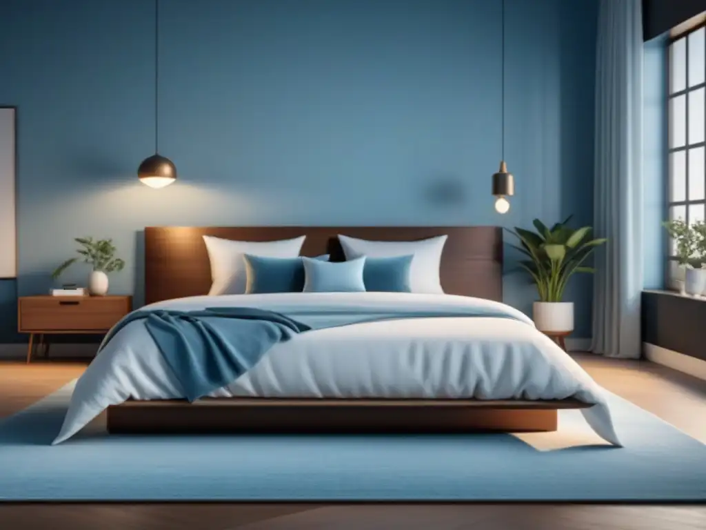 Tranquilidad en Azul: Dormitorio Minimalista y Relajante Dormitorio sereno con colores calmantes para dormitorio perfecto