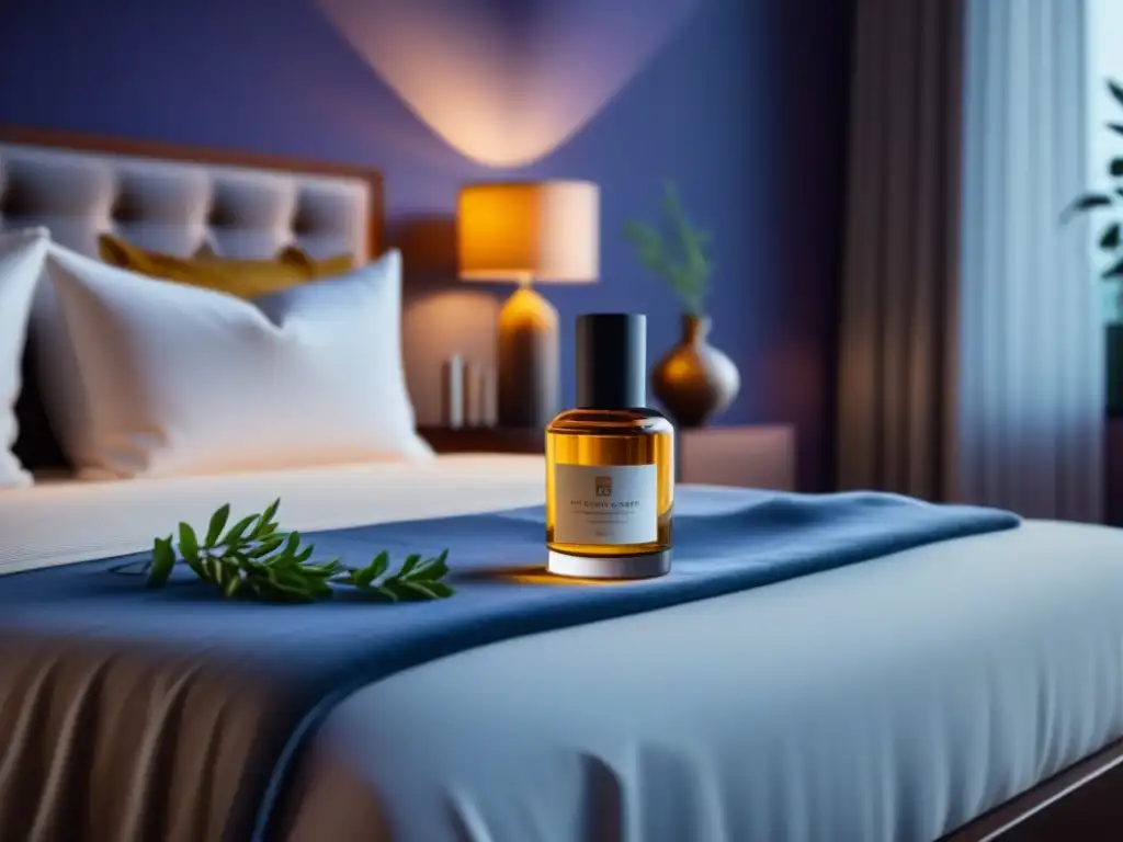 Tranquilidad aromática: dormitorio minimalista con difusor de fragancias Decoración con aromaterapia para relajación: dormitorio sereno con difusor, luz suave y ramitas de lavanda en la mesa de noche