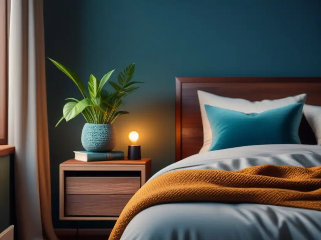 Espacio sereno y acogedor con espejo DIY de madera natural Un dormitorio sereno con un espejo marco DIY de madera natural, reflejando luz cálida y creando un ambiente relajante
