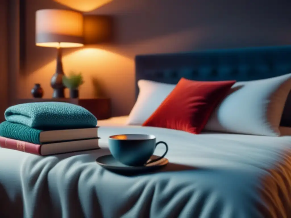 Acogedor dormitorio sereno para un sueño reparador Un dormitorio sereno con iluminación suave y acogedora cama, almohadas mullidas, manta cálida y mesita con libros, té y planta