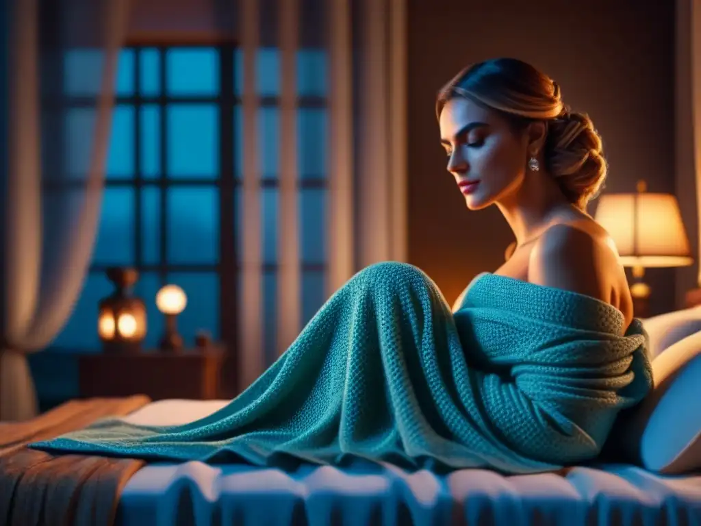 Un dormitorio sereno iluminado por la luz de la luna, con colores calmantes y un difusor de aceites esenciales