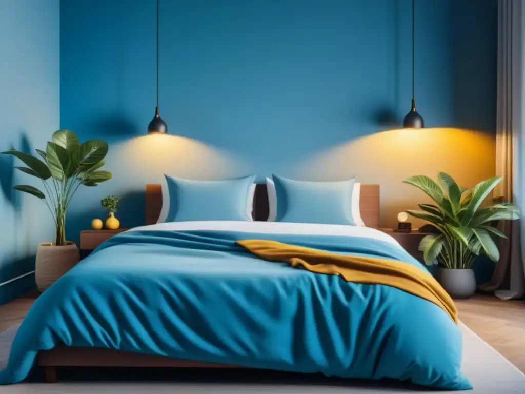 Tranquilo dormitorio minimalista con luces inteligentes en tonos azules y amarillos Un dormitorio sereno con luces inteligentes para relajación en casa iluminando en azul y amarillo, creando una atmósfera tranquila y acogedora