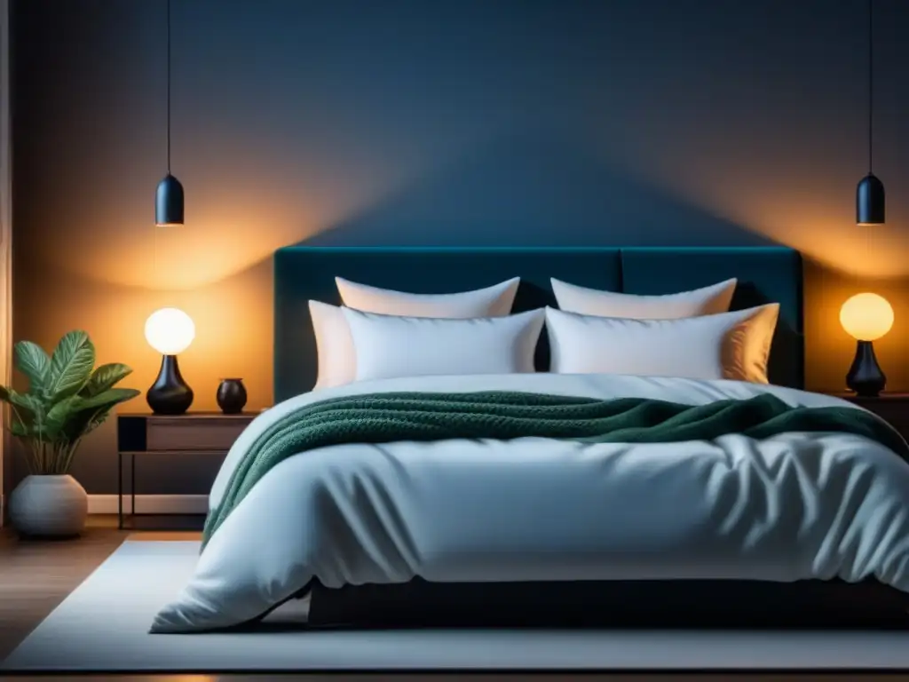 Dormitorio minimalista y sereno con iluminación ambiental Un dormitorio sereno con luces inteligentes para relax en casa, cama acogedora y manta suave