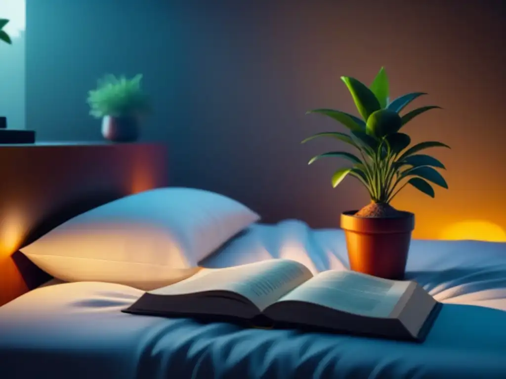 Dormitorio minimalista con luz cálida y serena Un dormitorio sereno con luces inteligentes para relajación en casa, cama hecha, planta y libro abierto