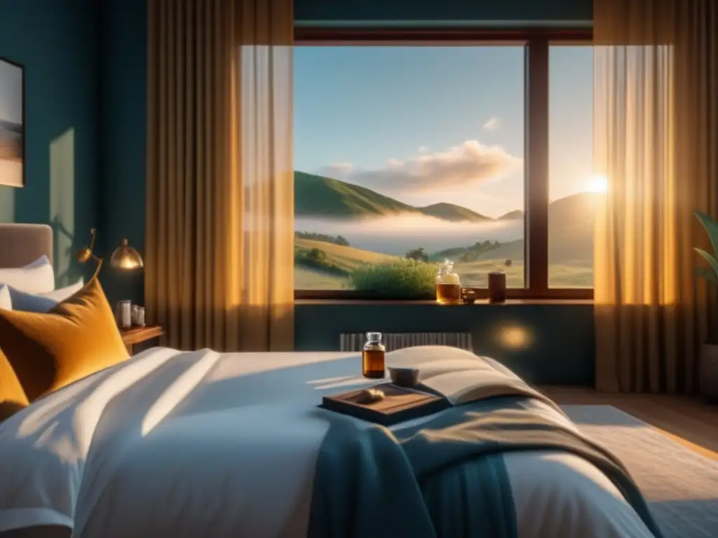 Retiro matutino: dormitorio minimalista con luz dorada Un dormitorio sereno al amanecer con luz dorada, difusor de aceites esenciales y té caliente