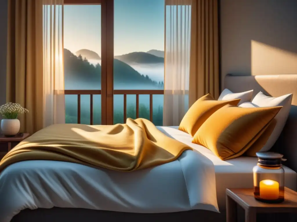 Serena habitación al amanecer: vínculo entre vitamina D y sueño reparador Un dormitorio sereno al amanecer con luz dorada suave, cama hecha, almohadas mullidas y manta acogedora
