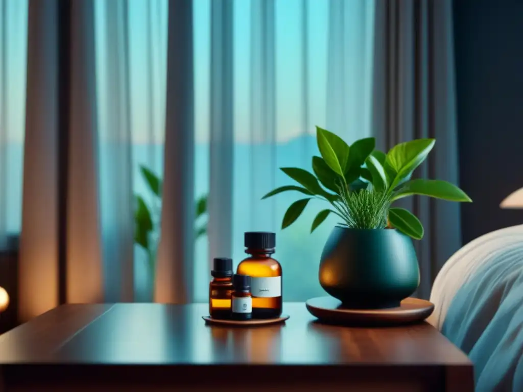 Espacio zen para aromaterapia en casa Un dormitorio sereno con luz natural, difusor de aceites esenciales y plantas