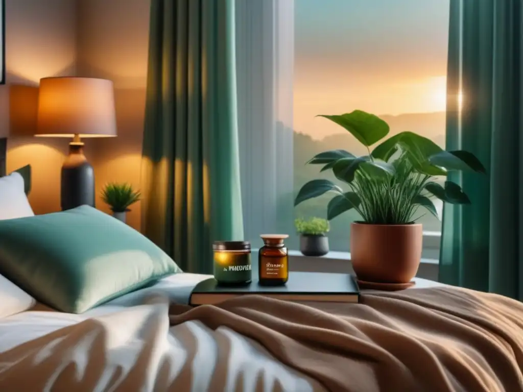 Amanecer sereno y acogedor en un dormitorio: descanso y vitamina D Un dormitorio sereno al amanecer, con luz suave iluminando la cama hecha y suplementos de vitamina D para un descanso reparador