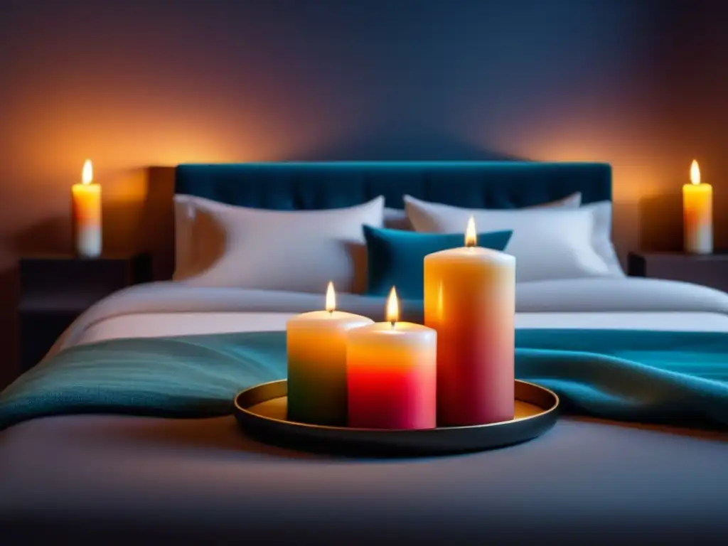 Armonía cromática: dormitorio minimalista con velas de cromoterapia Un dormitorio sereno con las mejores velas cromoterapia creando una atmósfera cálida y armoniosa para aumentar la energía en el hogar