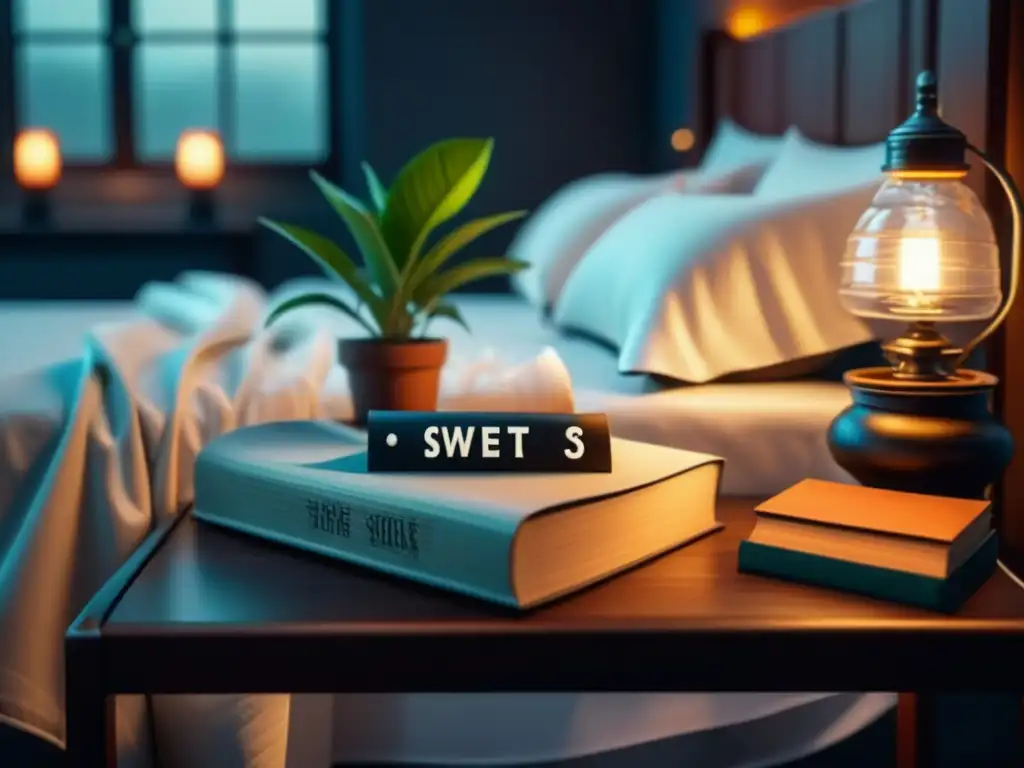 Un dormitorio sereno y minimalista: cama acogedora, sábanas blancas, lámpara tenue, planta verde y libro con 'Sweet Dreams'