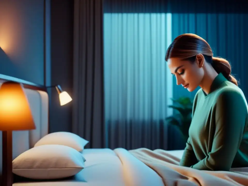 Luces inteligentes: ambiente sereno y acogedor en un dormitorio minimalista Un dormitorio sereno y minimalista con luces inteligentes para relax en casa, decorado con tonos neutros y texturas acogedoras