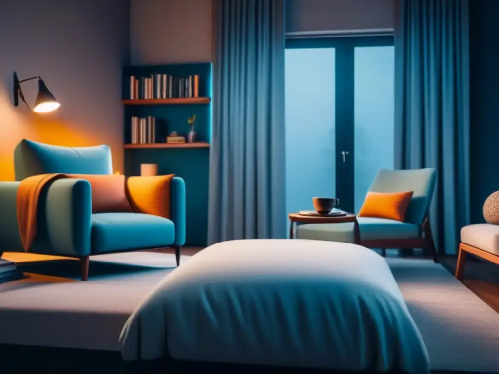 Acogedor rincón de lectura con luces inteligentes en dormitorio minimalista Un dormitorio sereno con decoración minimalista y luces inteligentes hogar relajante