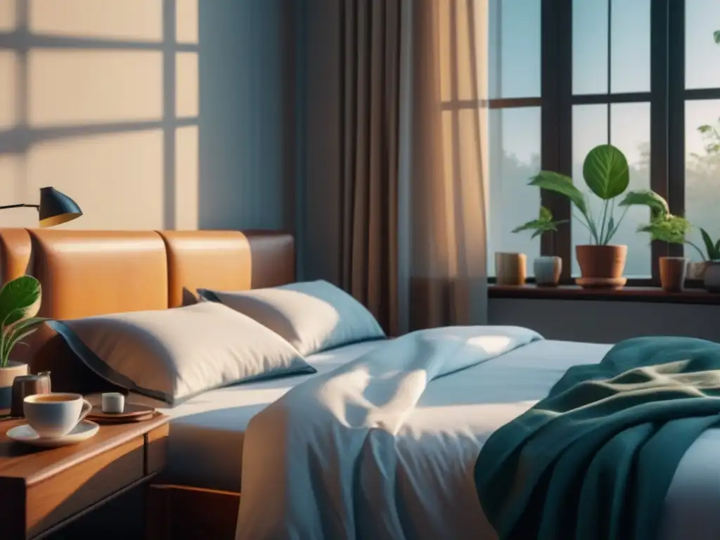Escena calmada de dormitorio minimalista al amanecer Un dormitorio sereno y minimalista al amanecer, con luz suave que entra por cortinas traslúcidas, iluminando una cama hecha