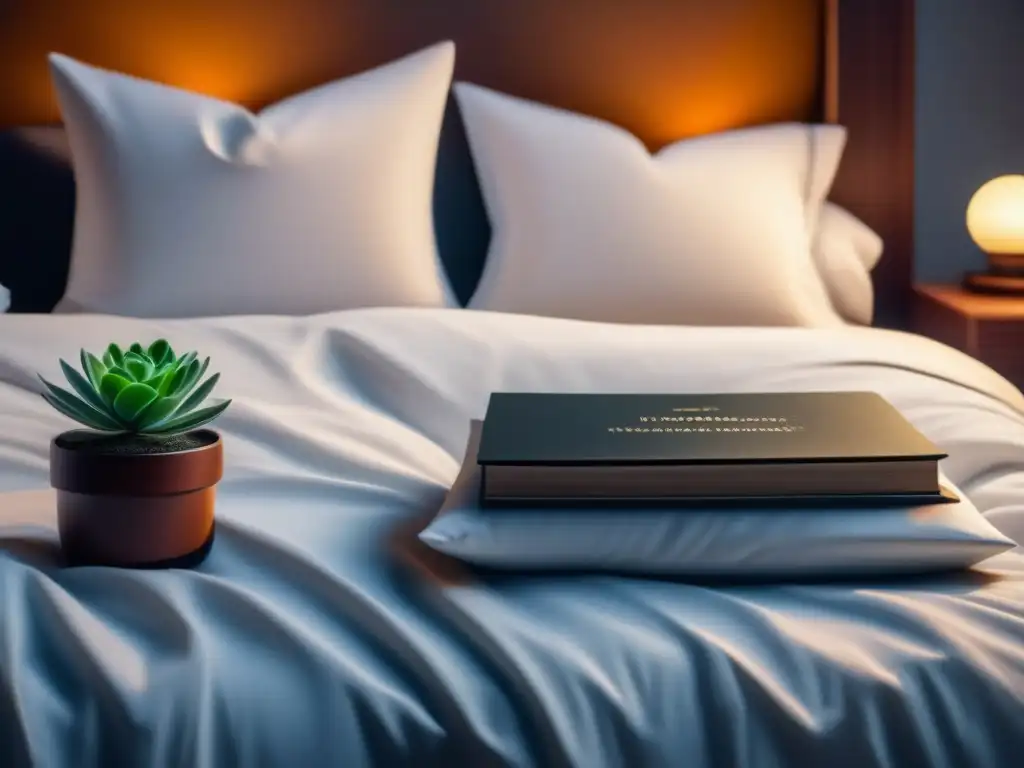 Un dormitorio sereno y minimalista de noche, con iluminación cálida y suave