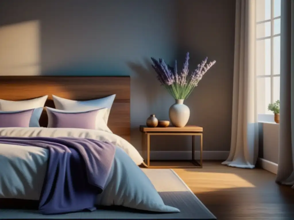 Tranquilidad y serenidad: dormitorio minimalista con toques naturales Un dormitorio sereno y minimalista con un spray ambiental relajante para hogar, transmitiendo calma y tranquilidad