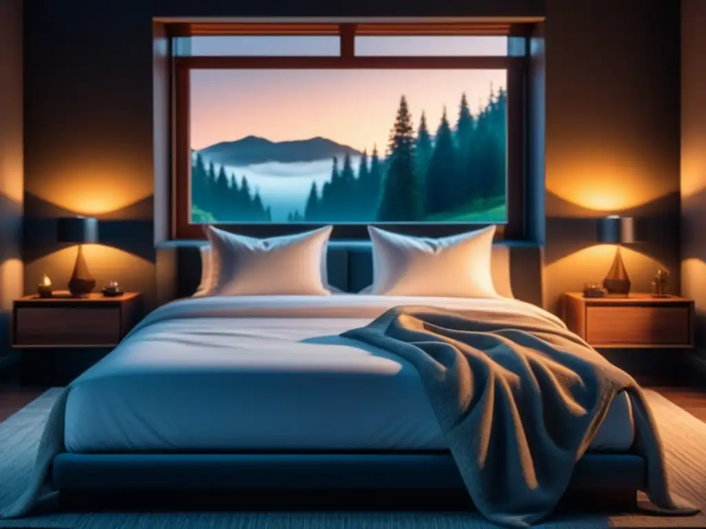 Serenidad nocturna: dormitorio minimalista acogedor Un dormitorio sereno de noche, con cama acogedora, lámpara tenue y noche de luna