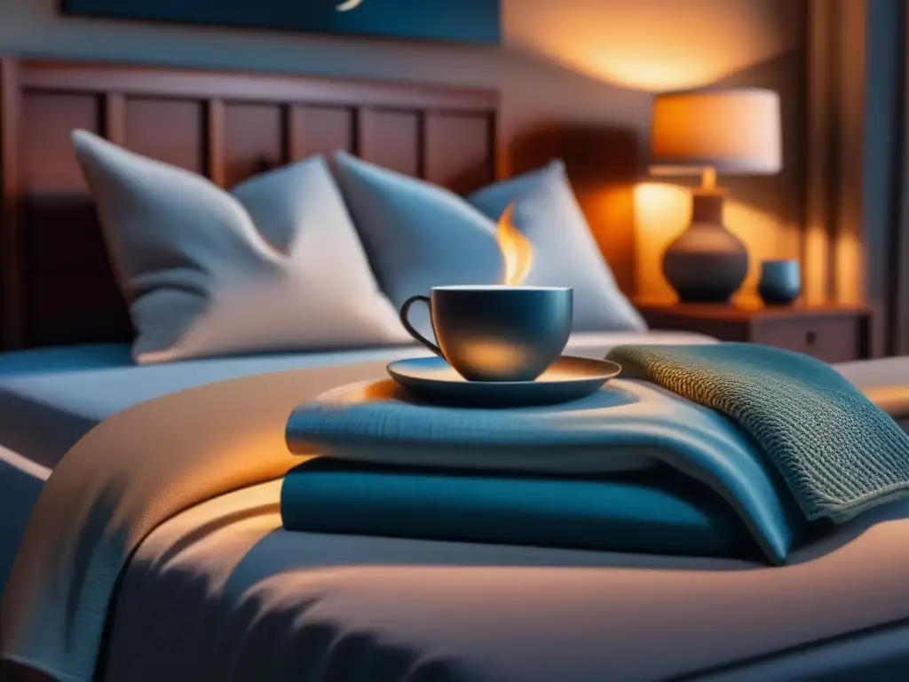 Rincón de paz nocturna: cama acogedora, luz tenue y relax Un dormitorio sereno de noche con una cama acogedora, almohadas suaves y una manta reconfortante