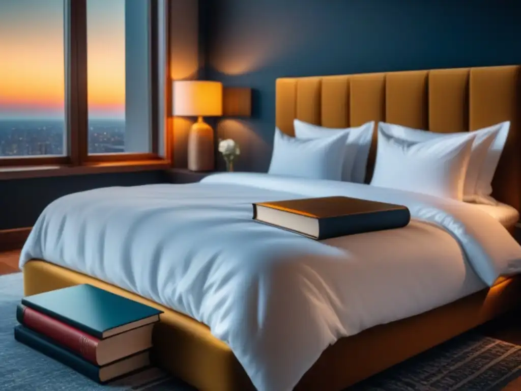 Tranquila habitación nocturna en 8k: cama impecable, lamparita y libros Un dormitorio sereno de noche con una cama impecable, lámpara suave y libros apilados en la mesita