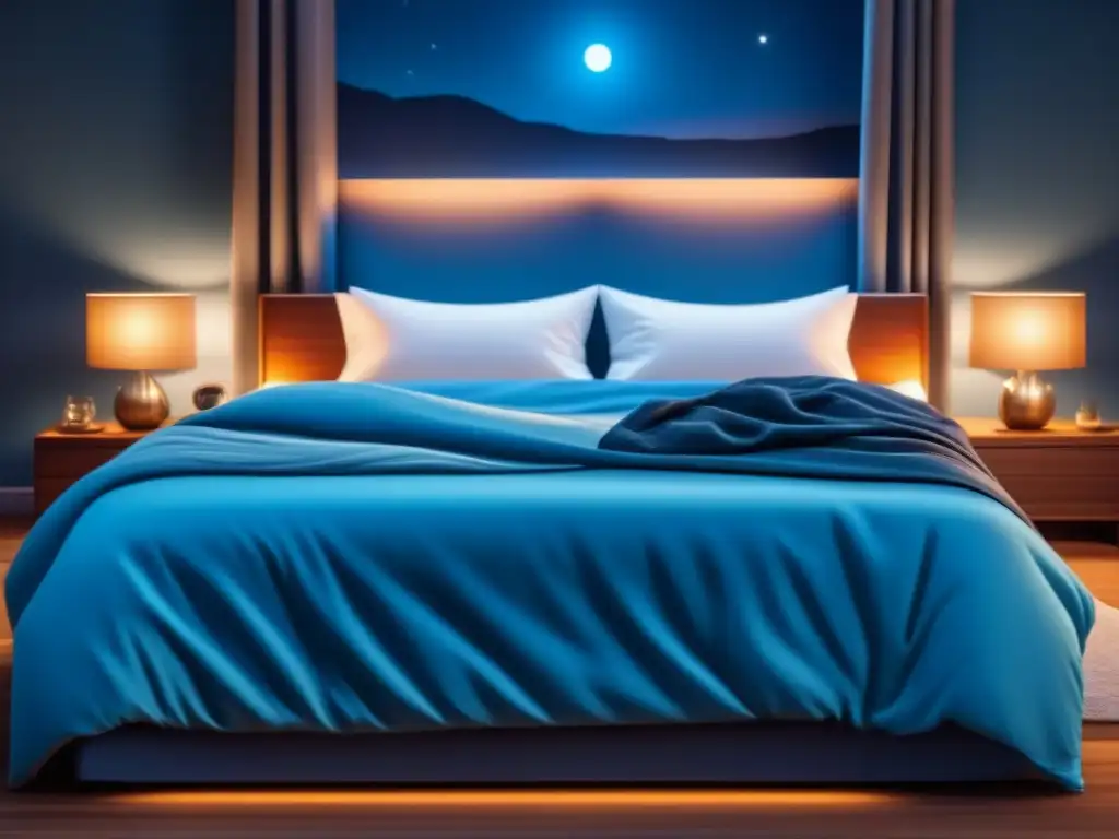 Tranquilidad nocturna con monitor de sueño en dormitorio moderno Un dormitorio sereno de noche con dispositivo de monitoreo de sueño, bajo la luz azul de la luna