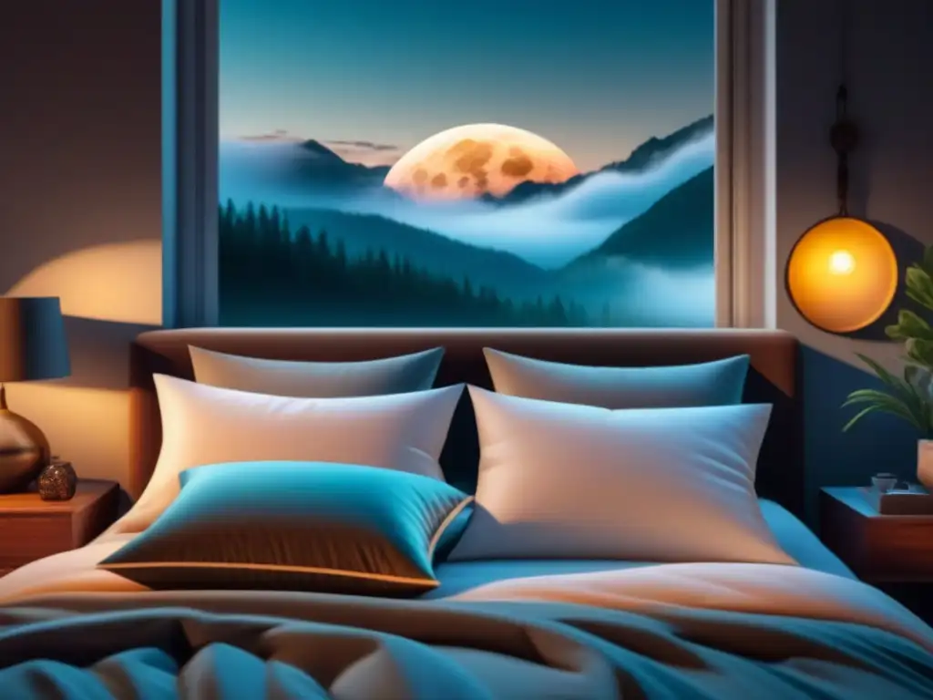 Un dormitorio sereno de noche con luna llena, cama hecha, almohadas mullidas en colores pastel