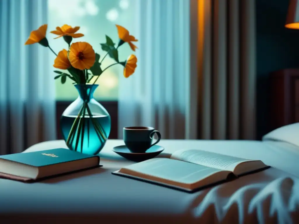 Ambiente sereno de gratitud en dormitorio minimalista Un dormitorio sereno y soleado con cama acogedora, mesa con flores frescas y diario de 'Lista de Gratitud'