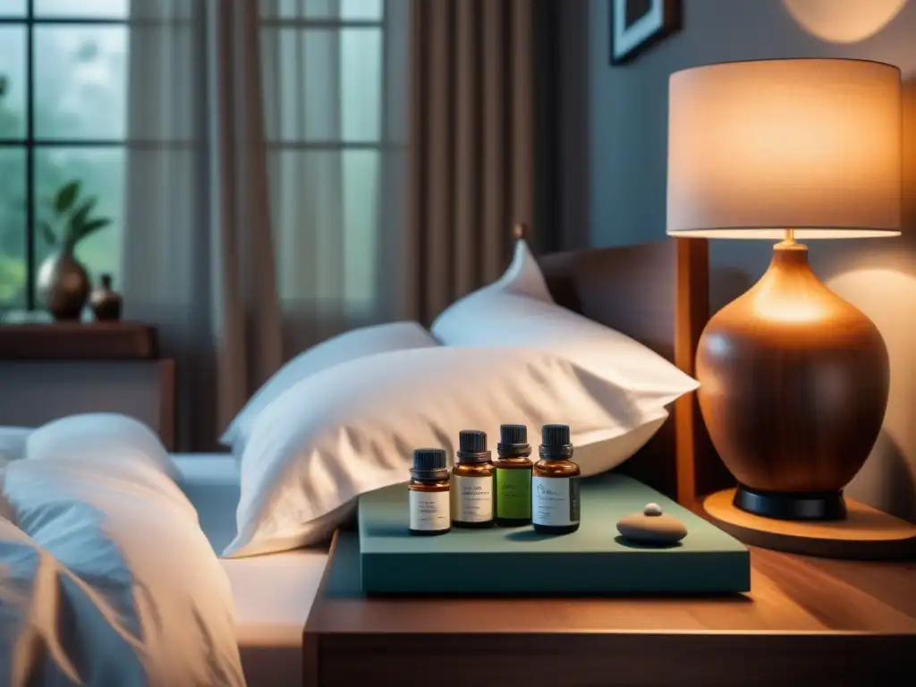 Tranquilidad aromática en dormitorio minimalista Un dormitorio sereno con iluminación suave, difusor de aceites esenciales y libros de aromaterapia para principiantes en casa