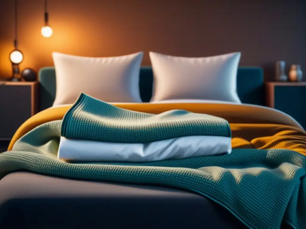 Un dormitorio tranquilo y acogedor de noche, iluminado por una lámpara suave