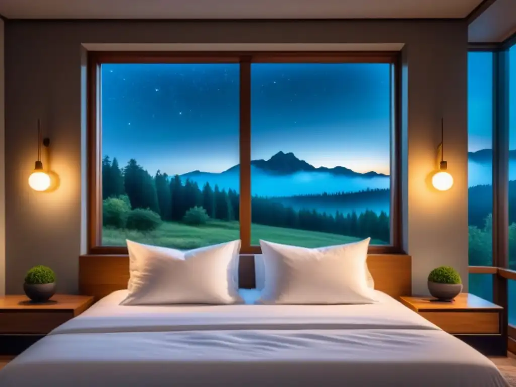 Dormitorio nocturno sereno con cama acogedora y vista estrellada Un dormitorio tranquilo con cama acogedora, sábanas blancas, lámpara suave y cielo estrellado