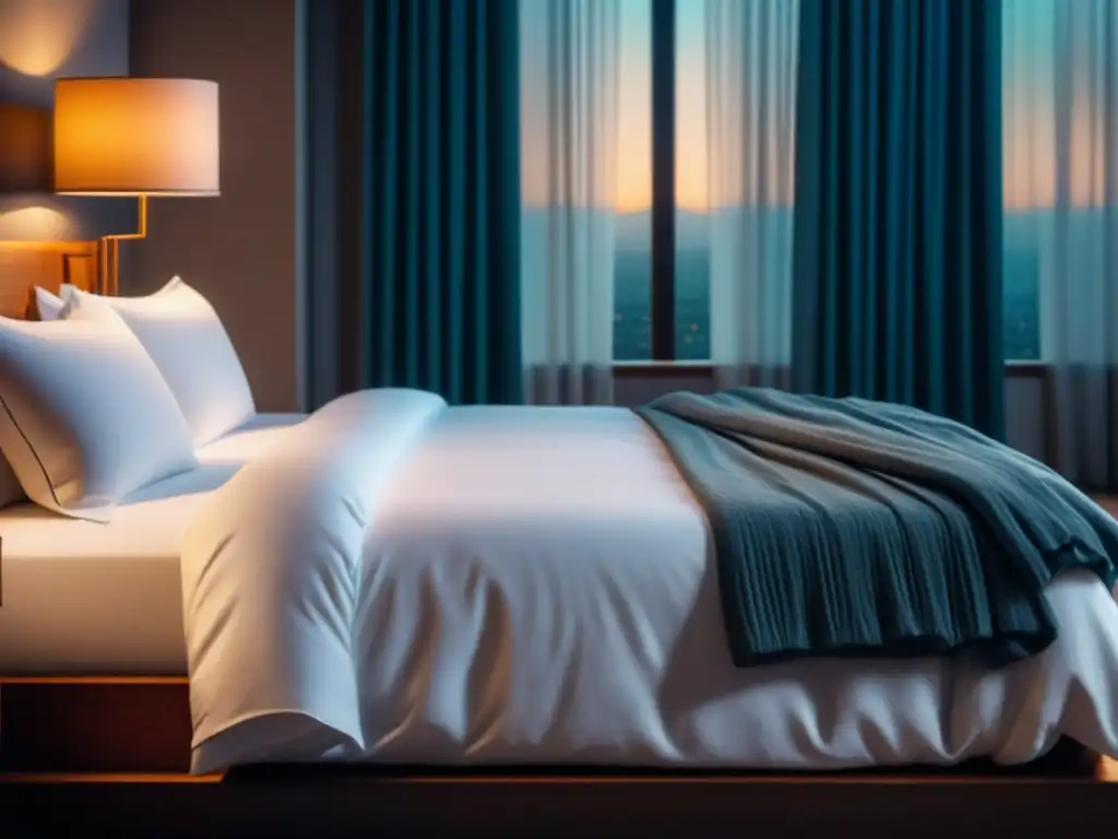 Tranquilidad nocturna: dormitorio minimalista y relajante Un dormitorio tranquilo con cama hecha, lámpara suave y ventana entreabierta, ideal para usar suplementos para el sueño efectivos