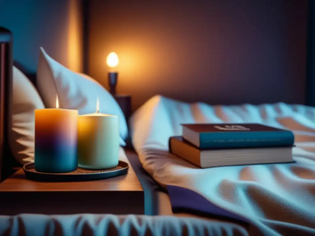 Refugio de paz: dormitorio sereno con luz cálida y velas de lavanda Un dormitorio tranquilo iluminado suavemente, con una vela de lavanda y libros