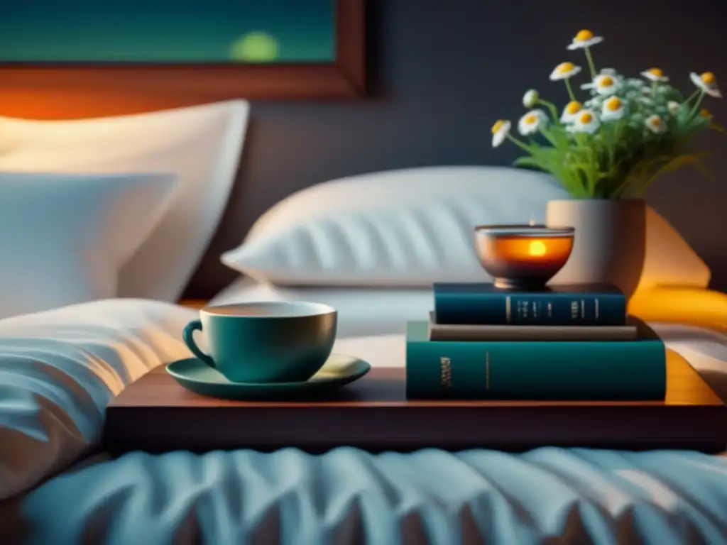 Un dormitorio tranquilo y minimalista con una cama hecha, una taza de té de manzanilla, libros y una planta
