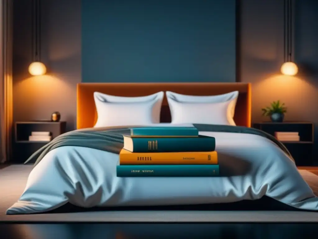 Un dormitorio tranquilo y minimalista con suplementos para el sueño de calidad, iluminación suave y libros apilados