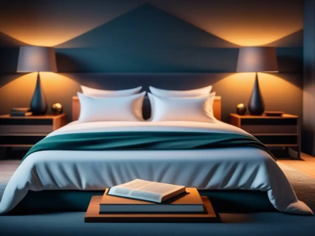 Habitación serena para un sueño reparador Un dormitorio tranquilo con sábanas de alta calidad y un libro sobre suplementos calidad sueño reparador