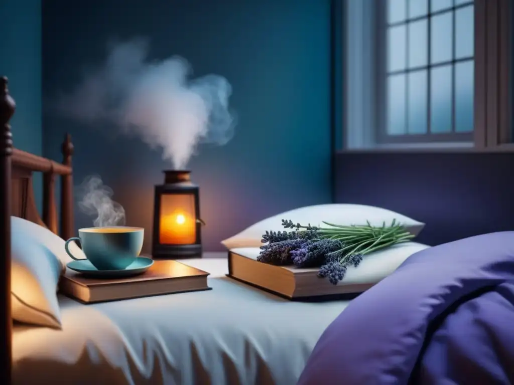 Tranquilidad nocturna: cama acogedora, té de hierbas y relajación Un dormitorio tranquilo con tisanas nocturnas relajantes en casa: cama acogedora, almohadas suaves, lámpara tenue y libros