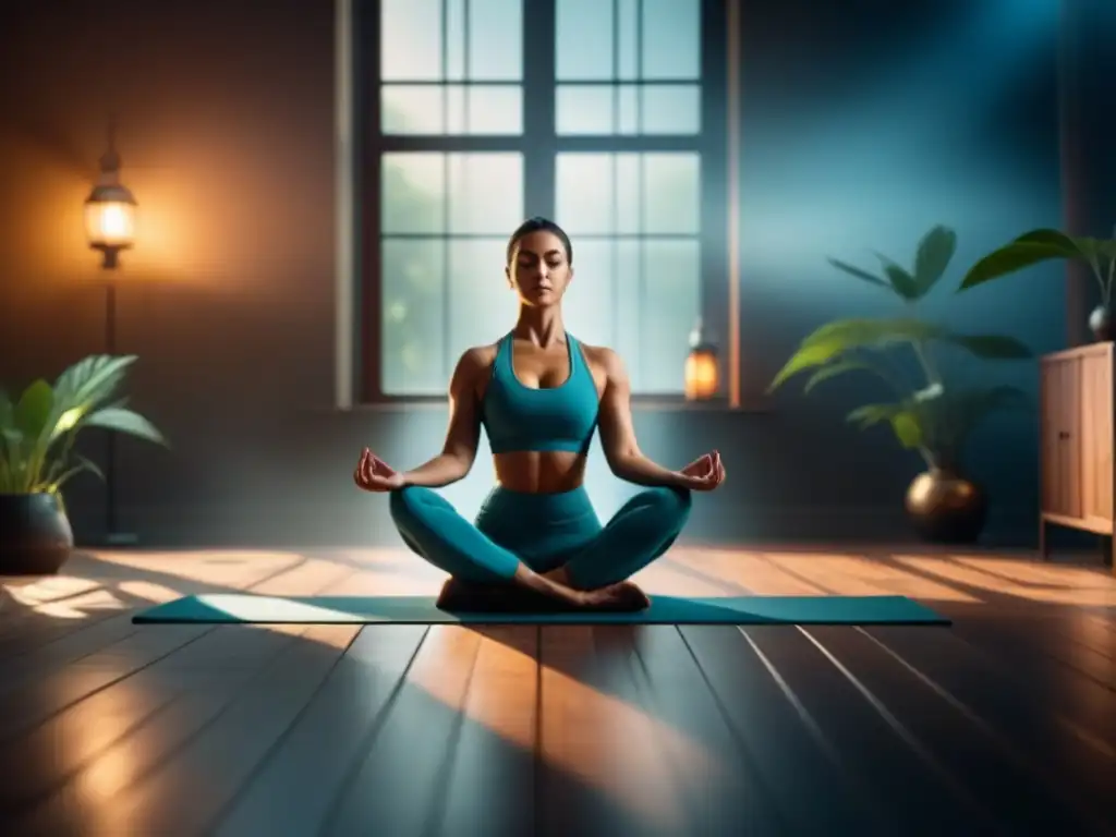 Práctica de yoga en casa: serenidad y armonía Práctica de ejercicios yoga principiantes en casa: persona en postura de yoga, iluminada por suave luz natural, transmitiendo paz y enfoque
